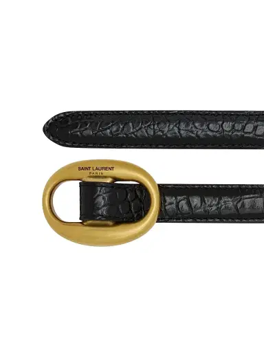 Saint Laurent Women's Oval Buckle Thin Belt In Crocodile Embossed Leather - Black - Size 26 | Thumbnail 2