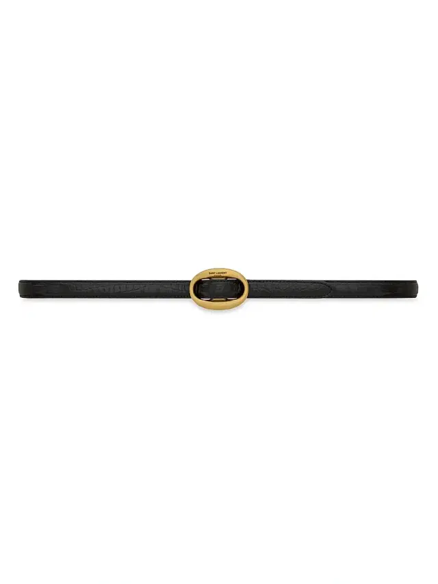 Saint Laurent Women's Oval Buckle Thin Belt In Crocodile Embossed Leather - Black