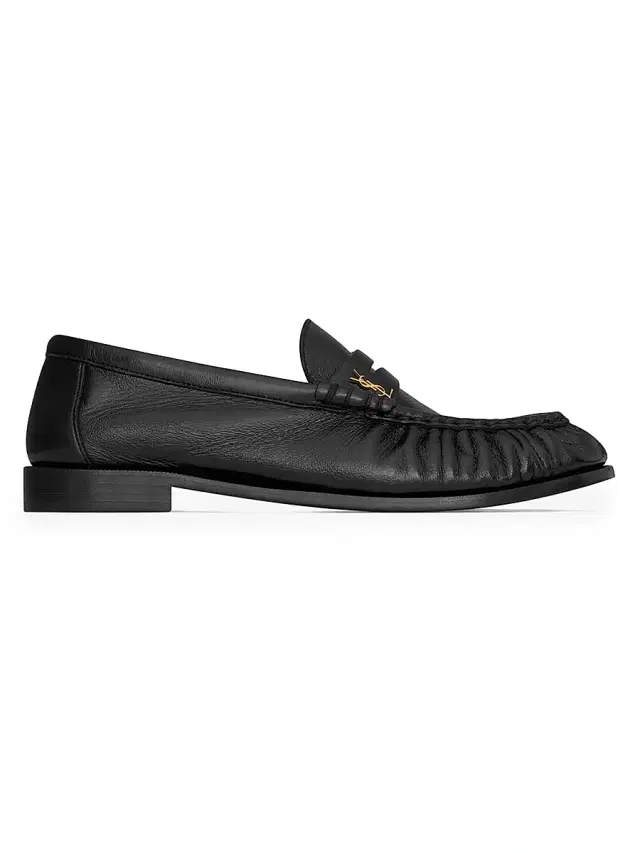 Saint Laurent Men's Le Loafer Penny Slippers in Shiny Creased Leather - Black
