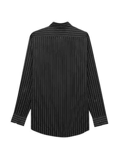 Saint Laurent Men's Shirt in Striped Silk Satin - Black Craie - Size 14.5 | Thumbnail 2