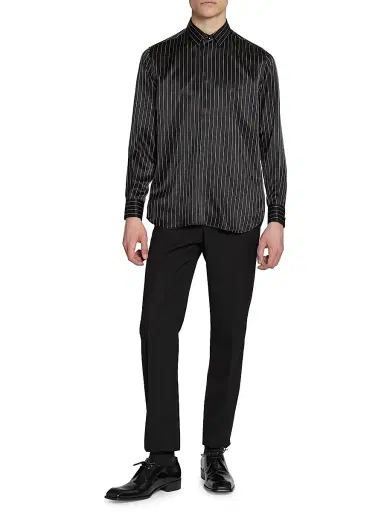 Saint Laurent Men's Shirt in Striped Silk Satin - Black Craie - Size 14.5 | Thumbnail 3