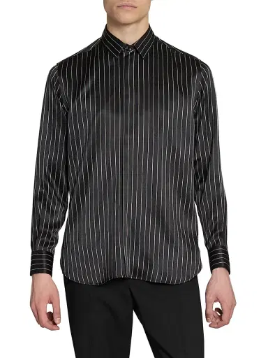 Saint Laurent Men's Shirt in Striped Silk Satin - Black Craie - Size 14.5 | Thumbnail 4