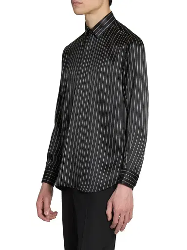 Saint Laurent Men's Shirt in Striped Silk Satin - Black Craie - Size 14.5 | Thumbnail 5