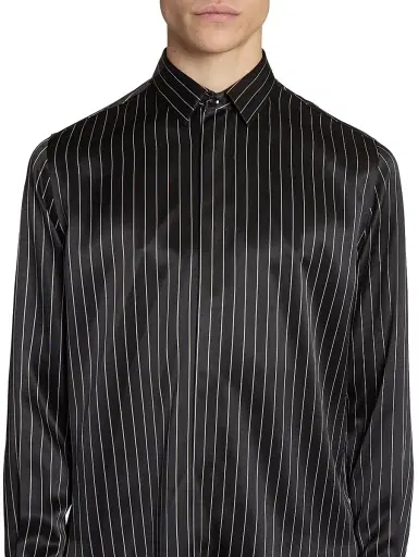 Saint Laurent Men's Shirt in Striped Silk Satin - Black Craie - Size 14.5 | Thumbnail 7