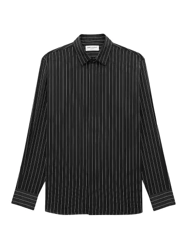 Saint Laurent Men's Shirt in Striped Silk Satin - Black Craie - Size 14.5 | Thumbnail 1