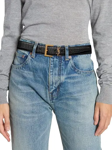 Saint Laurent Women's Cassandre Belt With Square Buckle In Crocodile Embossed Leather - Nero - Size 42 | Thumbnail 2