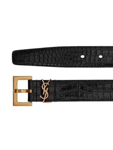 Saint Laurent Women's Cassandre Belt With Square Buckle In Crocodile Embossed Leather - Nero - Size 42 | Thumbnail 4