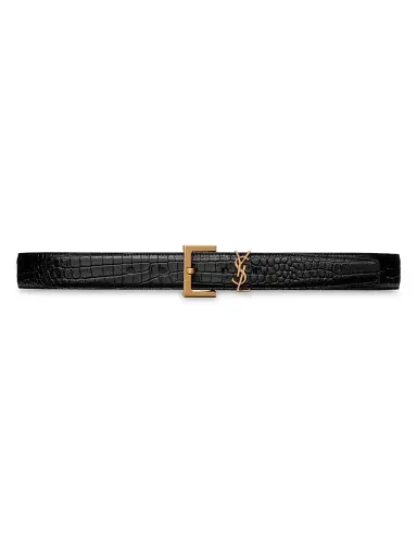 Saint Laurent Women's Cassandre Belt With Square Buckle In Crocodile Embossed Leather - Nero - Size 42 | Thumbnail 1