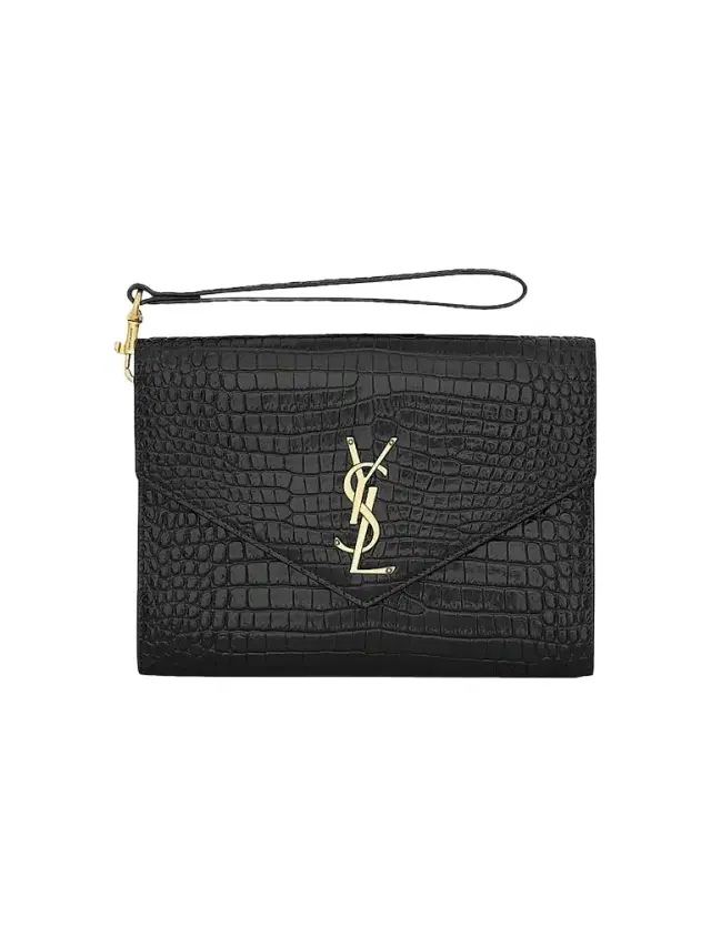 Saint Laurent Women's Cassandre Flap Pouch in Crocodile-Embossed Shiny Leather - Nero
