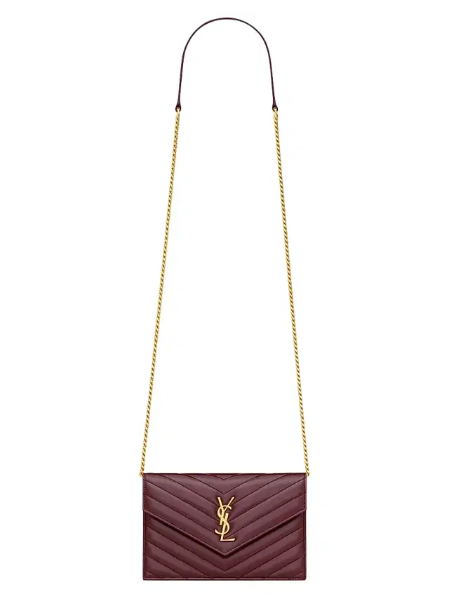Saint Laurent Women's Cassandre Envelope Chain Wallet in Lambskin - Rouge Cabernet