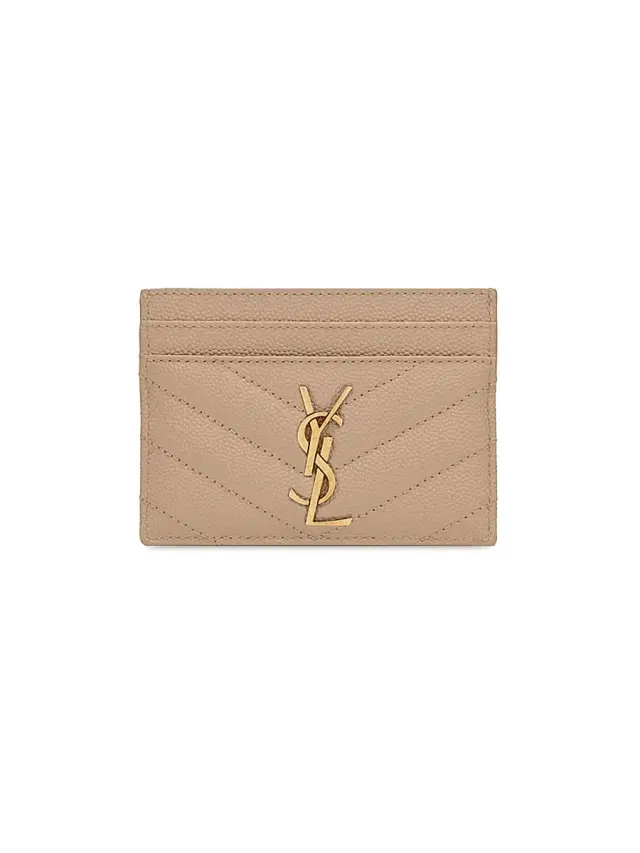 Saint Laurent Women's Cassandre Matelasse Card Case in Grain De Poudre Embossed Leather - Dark Beige
