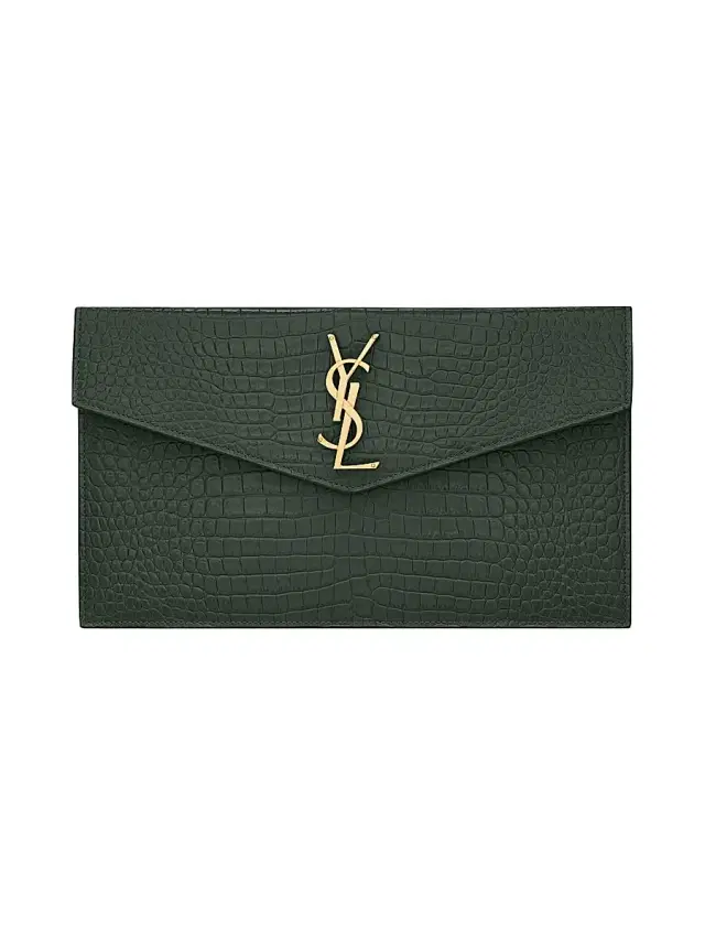 Saint Laurent Women's Uptown Pouch in Crocodile-Embossed Shiny Leather - Crema Soft