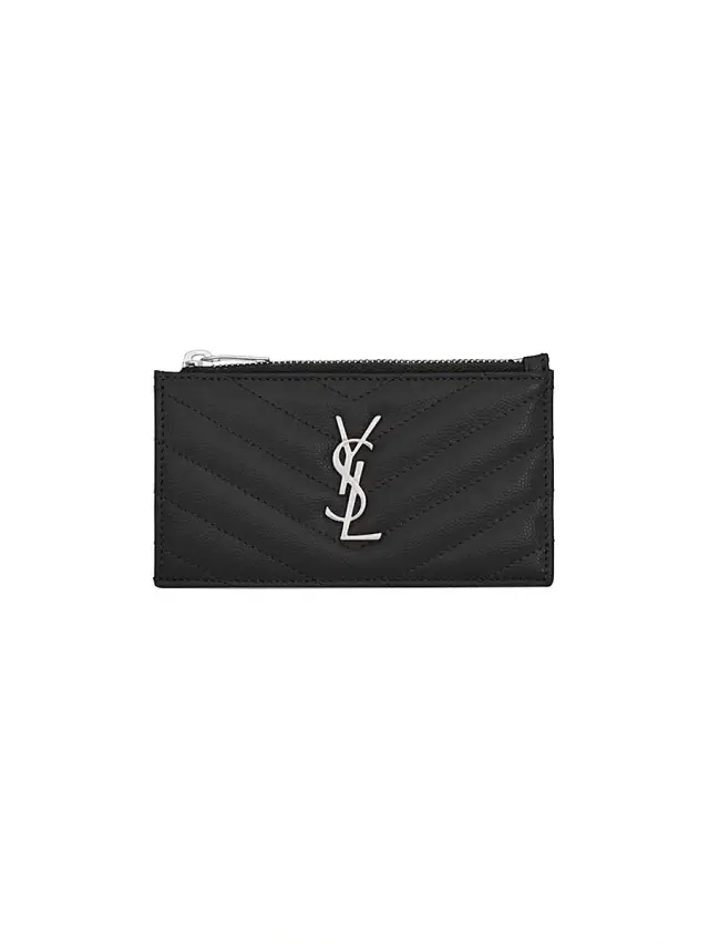 Saint Laurent Women's Cassandre  Matelass Zipped Fragments Card Case in Grain de Poudre Embossed Leather - Nero