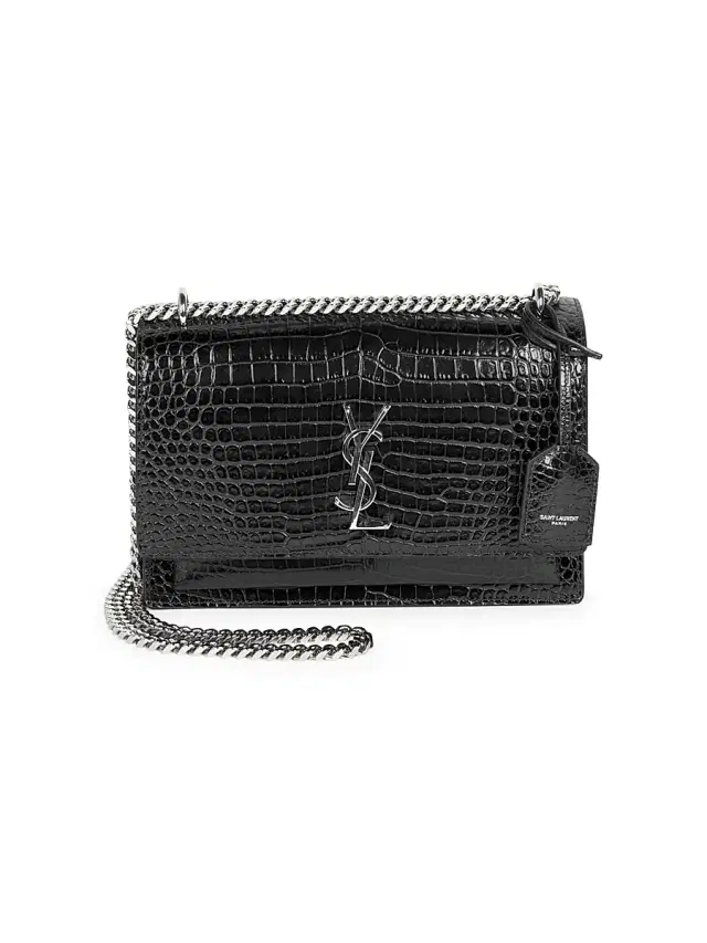 Women's  Sunset Croc-Embossed Leather Shoulder Bag - Black