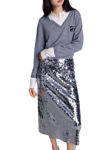Maje Women's Knit Skirt with Sequins - Grey | Thumbnail 5
