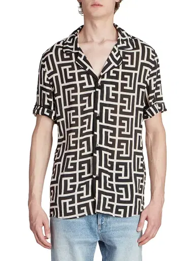 Balmain Men's Macromonogram Short-Sleeve Pajama Shirt - Ivoire Noir | Thumbnail 3