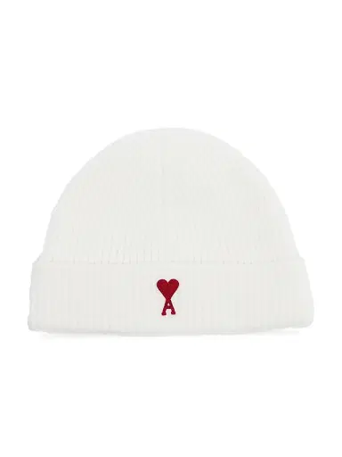 AMI PARIS Men's ADC Logo Wool Beanie - Off White Red | Thumbnail 1 AMI PARIS Men's ADC Logo Wool Beanie - Off White Red | Thumbnail 1