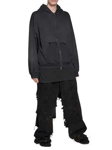 Balenciaga Men's Tape Type Ripped Pocket Zip-Up Hoodie - Black Faded - Size XL | Thumbnail 2