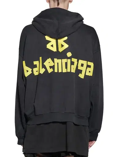 Balenciaga Men's Tape Type Ripped Pocket Zip-Up Hoodie - Black Faded - Size XL | Thumbnail 4