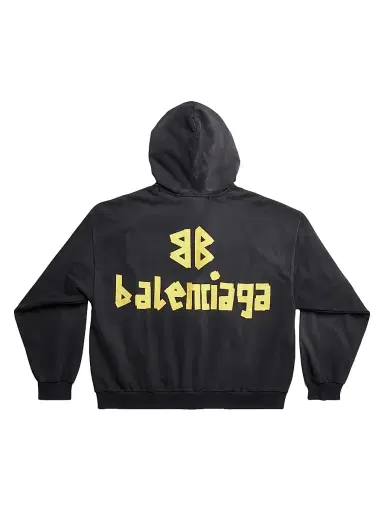 Balenciaga Men's Tape Type Ripped Pocket Zip-Up Hoodie - Black Faded - Size XL | Thumbnail 6