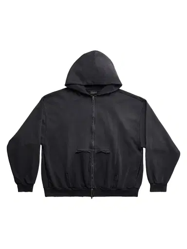 Balenciaga Men's Tape Type Ripped Pocket Zip-Up Hoodie - Black Faded - Size XL | Thumbnail 1