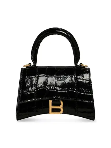 Balenciaga Women's Hourglass Mini Handbag With Chain Crocodile Embossed - Black | Thumbnail 1