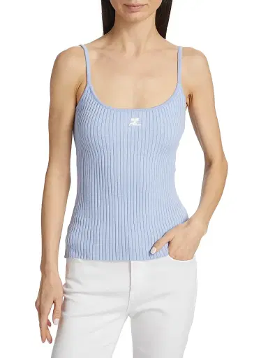 Courrèges Women's Embroidered Rib-Knit Camisole - Sky | Thumbnail 2 Courrèges Women's Embroidered Rib-Knit Camisole - Sky | Thumbnail 2