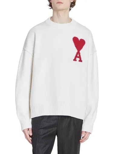 AMI Paris Men's Embroidered Wool Sweater - Ecru Red | Thumbnail 3 AMI Paris Men's Embroidered Wool Sweater - Ecru Red | Thumbnail 3
