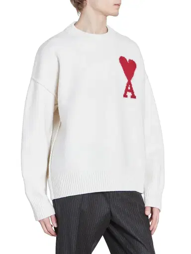 AMI Paris Men's Embroidered Wool Sweater - Ecru Red | Thumbnail 4 AMI Paris Men's Embroidered Wool Sweater - Ecru Red | Thumbnail 4