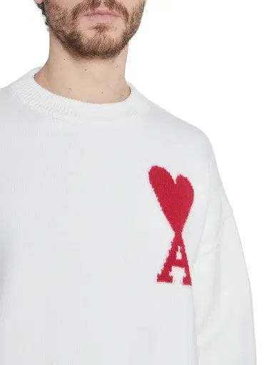 AMI Paris Men's Embroidered Wool Sweater - Ecru Red | Thumbnail 6 AMI Paris Men's Embroidered Wool Sweater - Ecru Red | Thumbnail 6