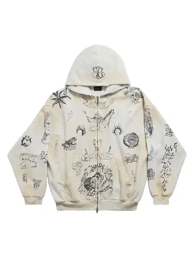 Balenciaga Tat Zip-Up Hoodie - Off White Black | Thumbnail 1