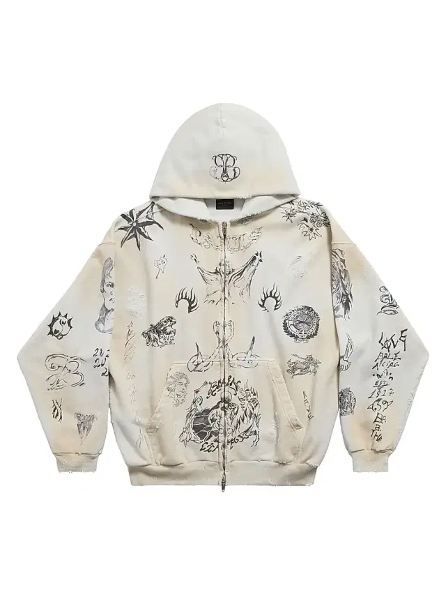 Balenciaga Tat Zip-Up Hoodie - Off White Black