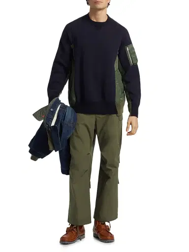 Sacai Men's Sponge Sweat Mixed-Media Twill Sweater - Navy Khaki - Size Medium | Thumbnail 2 Sacai Men's Sponge Sweat Mixed-Media Twill Sweater - Navy Khaki - Size Medium | Thumbnail 2