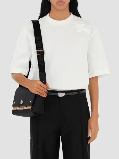 Burberry Women's Note Medium Leather & Vintage Check Crossbody Bag - Black | Thumbnail 2