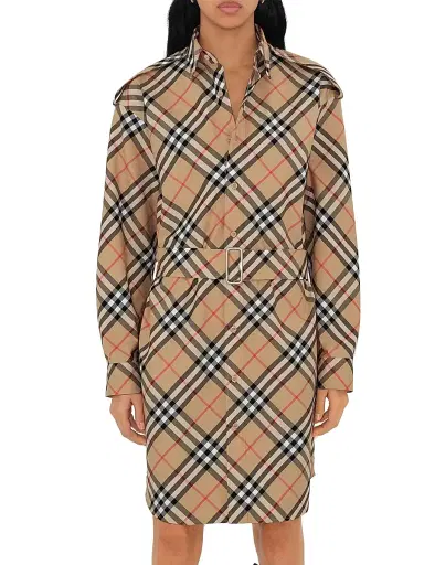 Burberry Women's Heritage Check Cotton Belted Midi-Shirtdress - Sand Check - Size 10 | Thumbnail 4
