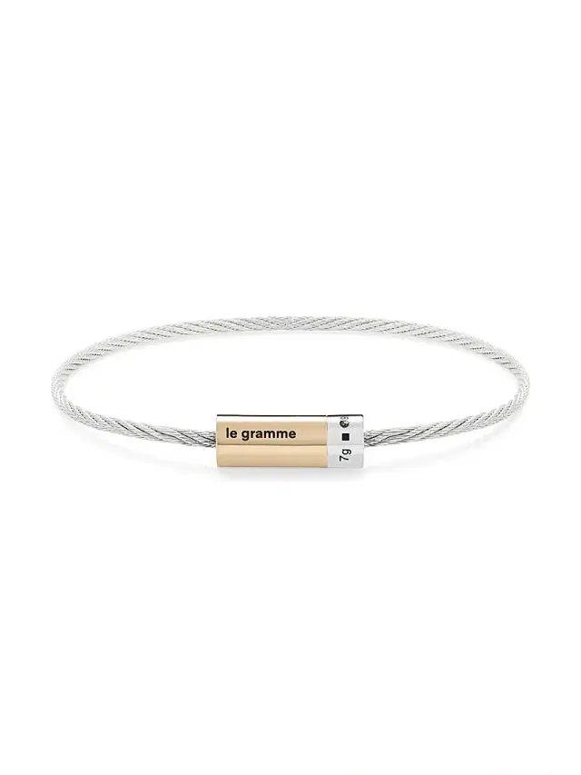 Men's Unisex 7G Polished Bicolor Sterling Silver & 18K Yellow Gold Cable Bracelet - Silver