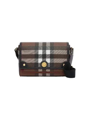 Burberry Women's Medium Note Check Coated Canvas Crossbody Bag - Dark Birch | Thumbnail 1 Burberry Women's Medium Note Check Coated Canvas Crossbody Bag - Dark Birch | Thumbnail 1