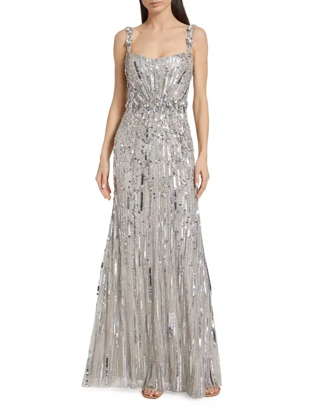 Women's Beaded Tulle Gown - Platinum