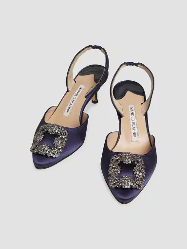 Manolo Blahnik Women's Hangisli 50MM Jewel Buckle Satin Pumps - Navy - Size 7 | Thumbnail 4 Manolo Blahnik Women's Hangisli 50MM Jewel Buckle Satin Pumps - Navy - Size 7 | Thumbnail 4
