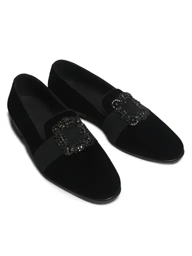 Manolo Blahnik Men's Carlton Crystal-Buckle Loafers - Jet Black Velvet - Size 10 | Thumbnail 4