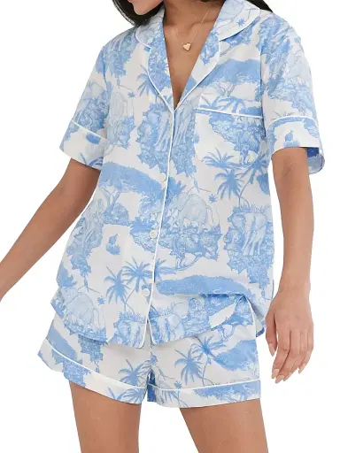 Desmond & Dempsey Women's 2-Piece Printed Cotton Short Pajama Set - Blue - Size Large | Thumbnail 3 Desmond & Dempsey Women's 2-Piece Printed Cotton Short Pajama Set - Blue - Size Large | Thumbnail 3