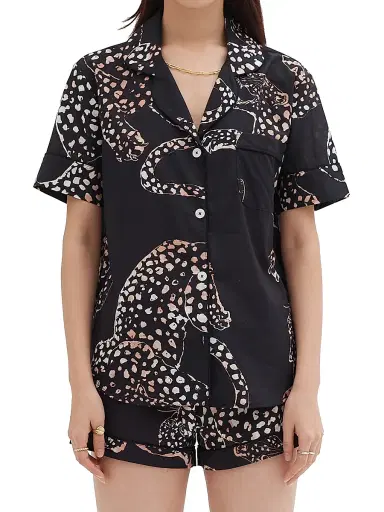 Desmond & Dempsey Women's Jaguar Print Cotton Short Pajama Set - Navy - Size XL | Thumbnail 2
