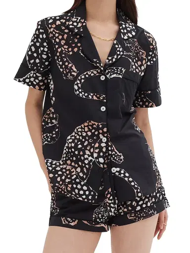 Desmond & Dempsey Women's Jaguar Print Cotton Short Pajama Set - Navy - Size XL | Thumbnail 3