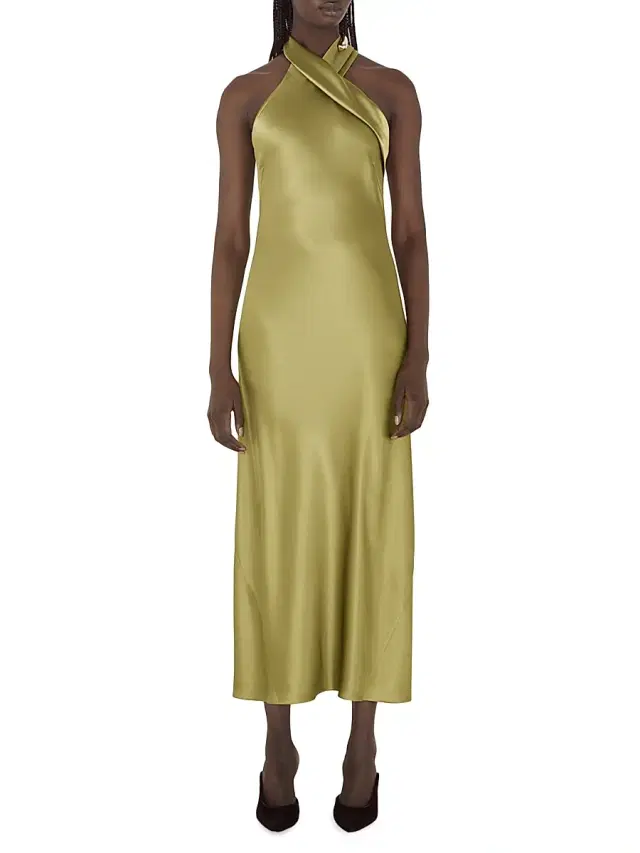 Galvan London Women's Pandora Satin Halterneck Midi-Dress - Olive