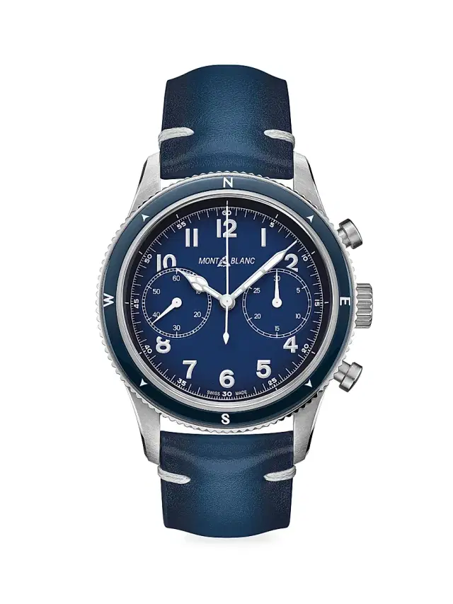 Men's 1858 Stainless Steel & Leather Strap Chronograph Watch - Blue