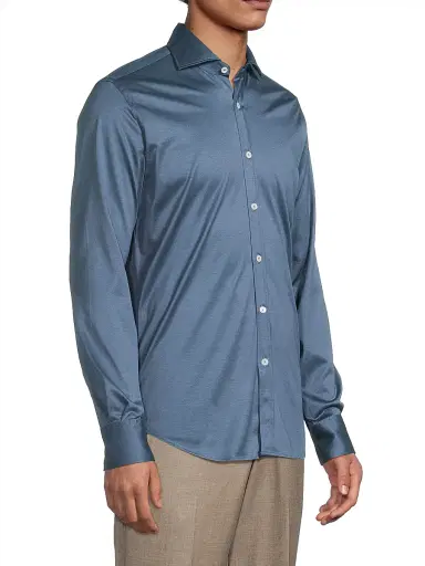 Canali Men's Cotton Button-Front Shirt - Blue | Thumbnail 4 Canali Men's Cotton Button-Front Shirt - Blue | Thumbnail 4