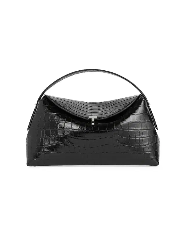 Women's T-Lock Crocodile-Embossed Leather Top Handle Bag - Black