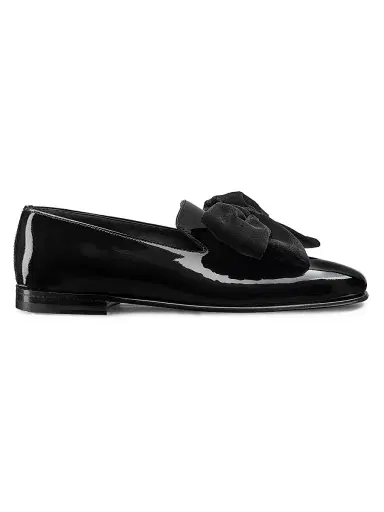 Manolo Blahnik Men's Janser Bow-Embellished Patent Slippers - Black | Thumbnail 1 Manolo Blahnik Men's Janser Bow-Embellished Patent Slippers - Black | Thumbnail 1