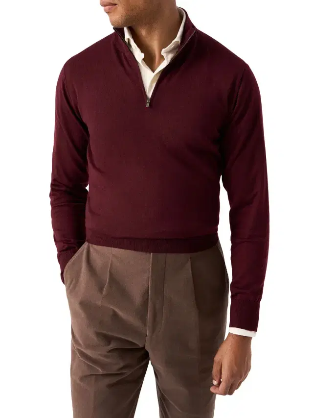 Men's Fine-Knit Wool Quarter-Zip Sweater - Burgundy
