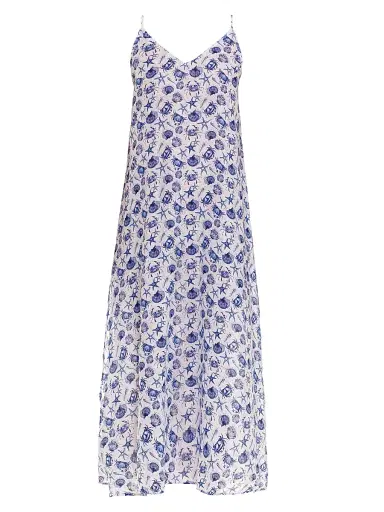 THE LAZY POET Women's Blue Serenity Frida Ecru Seashells By The Seashore Maxi Dress | Thumbnail 1 THE LAZY POET Women's Blue Serenity Frida Ecru Seashells By The Seashore Maxi Dress | Thumbnail 1